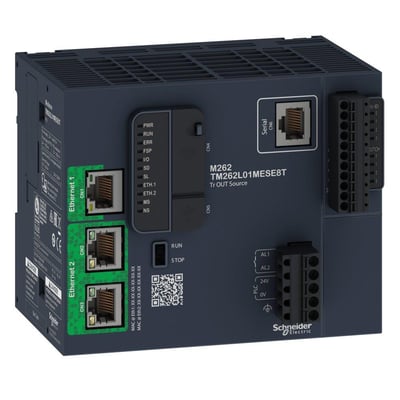 Schneider Electric Controller TM262 med 5ns instruktion, Ethernet PCL og 24V forsyning, vist i et tredjeparts perspektiv.