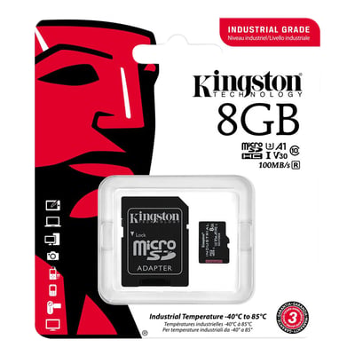 Emballagen til Kingston 8 GB microSDHC Industrial-kort med SD-adapter viser kortet og adapteren.