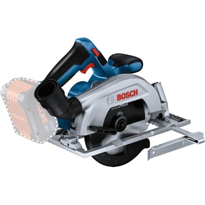 Bosch GKS 18V-57-2 solo rundsav med 165mm savklinge og parallelanslag, den orange 18V batteripakke er illustreret bagved.