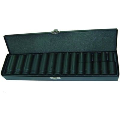 Krafttopsæt med 14 lange toppe i størrelserne 10-24 mm, fremstillet af chrom-molybdæn stål og præsenteret i en sort metalæske.