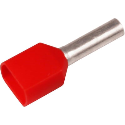 Isoleret ABIKO TWIN-terminalrør KA1,5-8ETW2, rød, til 2x1,5mm2 Cu-ledere, med 8mm længde og fortinnet kobber.