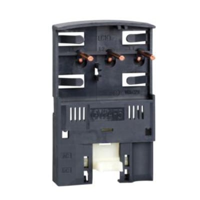 Schneider Electric samleled til GV2L og ATV320, viser kobberterminaler og monteringsmuligheder for skruer og skinne.