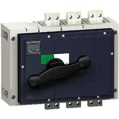 Schneider Electric 4-polet lastadskiller INS1600 med drejehåndtag og terminaler vist frontalt på neutral baggrund.