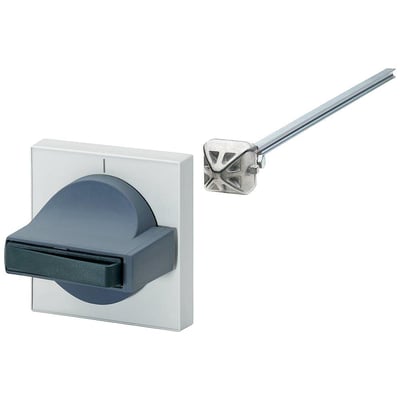 Siemens 8UC7 dørbetjeningsmekanisme med mørkeblåt og blågrønt drejehåndtag, lysegrå ramme og metalaksel.