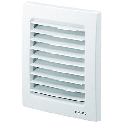 Nærbillede af Maico Ventilatoren SG100 murrist, der viser detaljerne i det faste gitter og hvide plastmateriale.