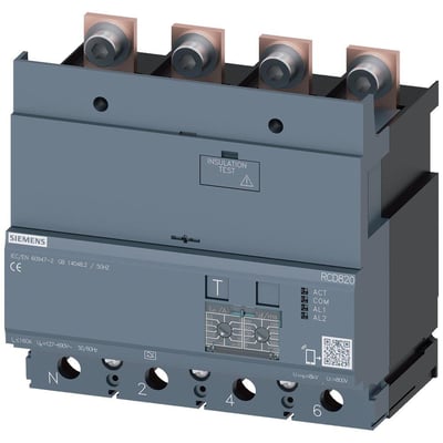 Siemens RCD modul 3VA9 RCD820, 4-polet RCD type A til 160A, med justerbar fejlstrøm og udløsningstid, viser terminaler og mærkatplader.