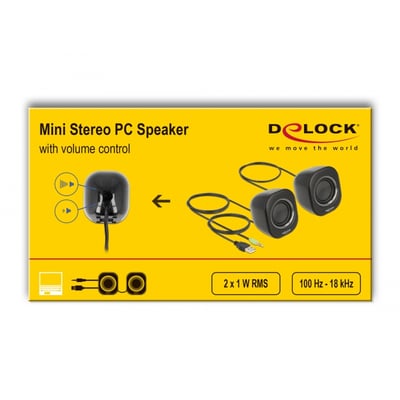 Delock mini stereo PC-højttalere i sort med volumenkontrol og USB-strøm samt 3.5mm jack-stik vist på gul baggrund.