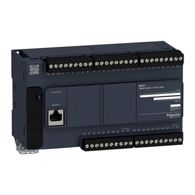 Schneider Electric Modicon M221 PLC med 24 digitale indgange, 2 analoge indgange og 16 NPN udgange, 24V DC strømforsyning og Ethernet-port.