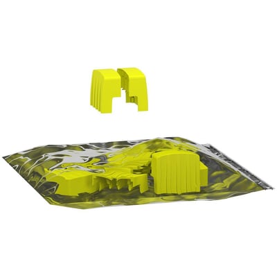 Schneider Electric endedæksler til skinne, pose med 10 stk. i gul plast, med et par dæksler vist isoleret fra posen.