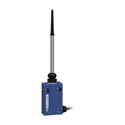 Telemecanique Sensors XCMH2107L3 endestopkontakt med blåt hus, fjederhåndtag og kabeludgang fra siden.