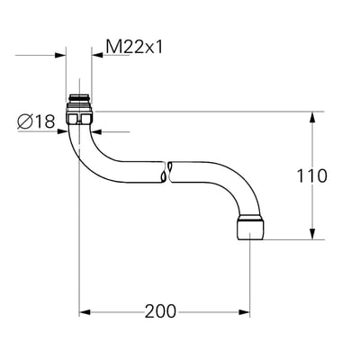 Teknisk tegning af Grohe tud i krom med angivne mål for længde, højde og gevindstørrelse M22x1.