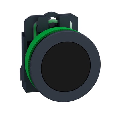 Schneider Electric Harmony XB5/ZB5 komplet trykknap med sort, plan trykflade og 1xNO kontaktfunktion på hvid baggrund.