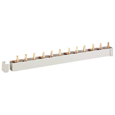 Siemens 3-faset samleskinne 5ST, 210 mm lang med 16 mm2 kobberledere og 12 stikkontakter på hvid baggrund.