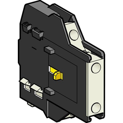 Illustrativ tegning af Schneider Electric LAD8N11 hjælpeblok, der viser dens sidemonterede design og tilslutningsmuligheder.