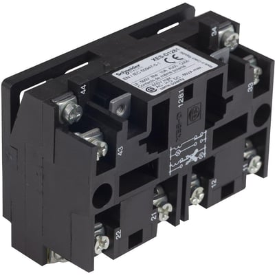 Schneider Electric kontaktelement XESD1281 med 1CO - 1NO kontakt, 3A kapacitet og mekanisk spærring, vist fra siden.