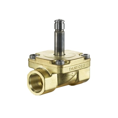 Danfoss EV260B magnetventil set fra siden, tydeligt viser messing huset, G ½" tilslutning og ventilens proportionale styring.