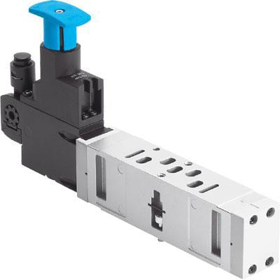 Festo reguleringsplade VABF-S3-1-R6C2-C-6 med blå betjeningshåndtag og aluminiumsstruktur med ventilationshuller.
