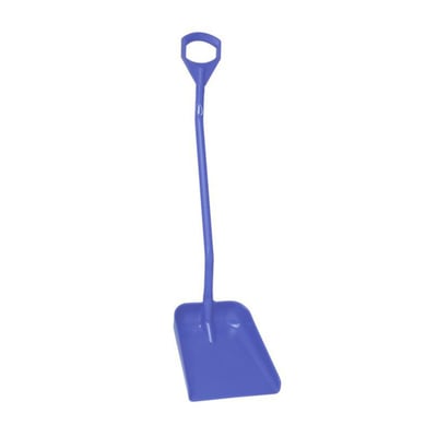 Vikan ergonomisk skovl i lilla plast med et 345mm bredt blad og et buet skaft for optimal arbejdsstilling.