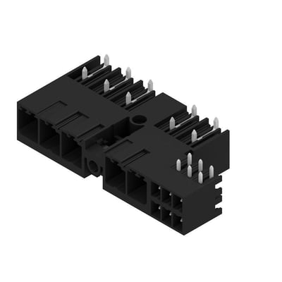 Weidmüllers sorte hybridstik til printkort med 5 poler og 7,62 mm afstand ses skråt ovenfra med kontaktbenene synlige.