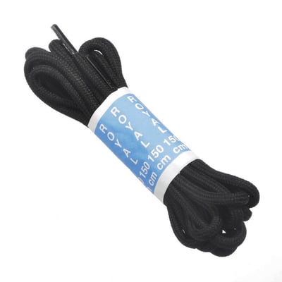Bjerregaard Sikkerhed sorte snørebånd på 110 cm, fremstillet i et slidstærkt materiale med mærket 'ROYAL'.