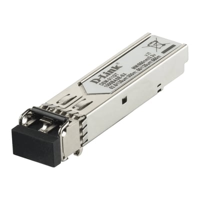 D-Link DEM-311GT/10 transceivermodul med sølvfarvet metalhus og sort beskyttelseshætte på stikket.