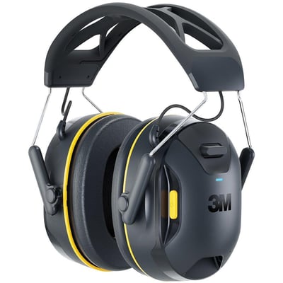 3M Worktunes Connect høreværn med isssebøjle, Bluetooth og 33dB støjreduktion. Mørkegrå med gule detaljer.