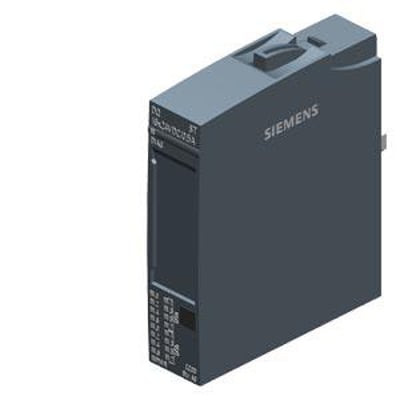 Siemens SIPLUS ET 200SP DQ digitalt udgangsmodul med 16 kanaler og 24VDC/0,5A, vist i en isometrisk vinkel med tekst på siden.