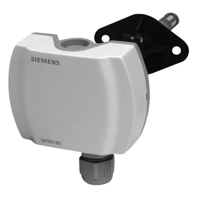 Siemens QFM2100 fugtighedsføler til kanaler med 0-10V udgang, vist med monteringsbeslag.