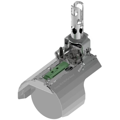 Camro ProStop Flowcut rottespærre DN100/110 mm i rustfrit stål, vist skråt forfra med spjældlås og grøn skyder.