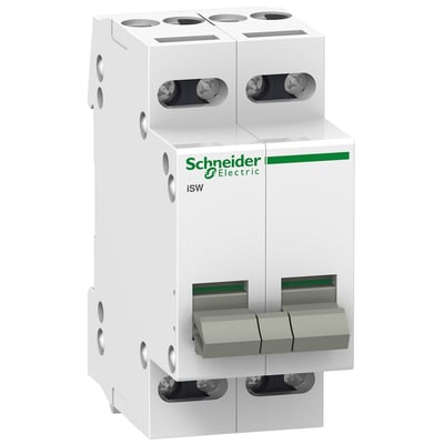 To Schneider Electric Acti9 iSW lastafbrydere monteret sammen, 4-polet, 20A, 415V, hvid plastkonstruktion med grå håndtag.