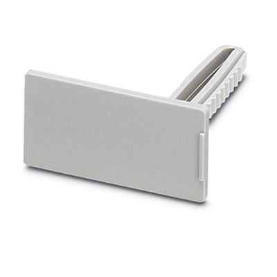 Nærbillede af Phoenix Contact KLM 3 skilteholder, viser den rillede holder til montering på klemrækker.