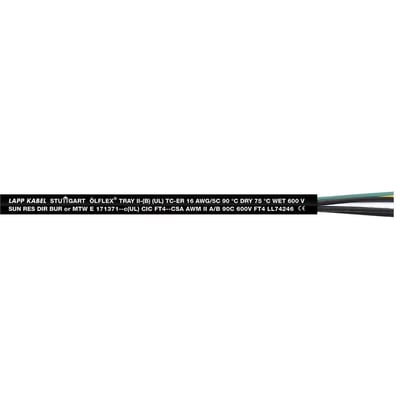Lapp ÖLFLEX Tray II kabel 4G1.5 16 AWG/5C med tydelig mærkning på sort kappe samt grønne og sorte ledere i enden.