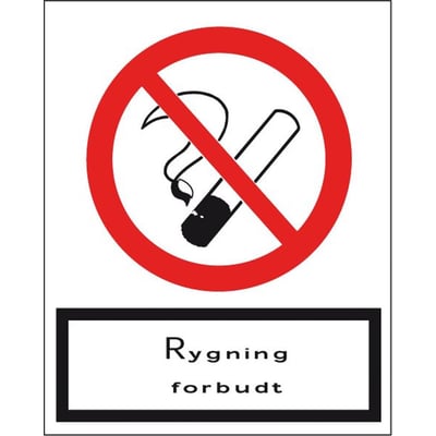 A4 plastikskilt med symbol for rygning forbudt i rød cirkel og sort tekst 'Rygning forbudt' på hvid baggrund.