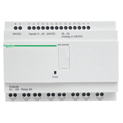 Schneider Electric Zelio intelligent relæ med 12 indgange og 8 udgange, 24V AC forsyning, uden display.