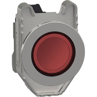 Schneider Electric flush signallampe i metal med rød LED, 24V. Lampen har en kraftig lyskilde, der lyser ensartet.