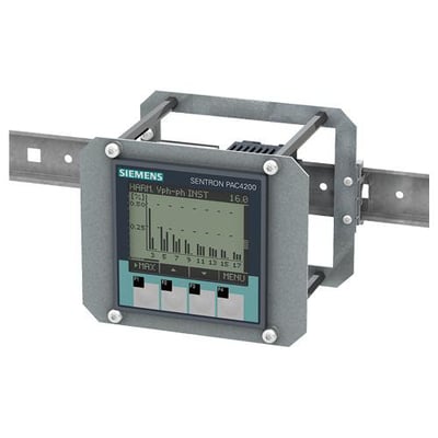 Siemens SENTRON 7KM PAC4200 måleenhed monteret på en DIN-skinne. Enheden har et LCD-display, der viser en harmonisk analyse.