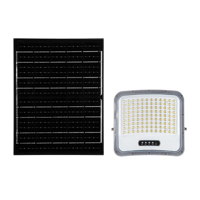 V-TAC 20 W LED-projektør med solcellepanel, sort og med 3-i-1 lysfarve, vist sammen med solpanelet.