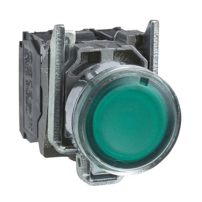 Schneider Electric lampetryk XB4 med grøn trykknap, 22mm diameter og krom frontring, vist på hvid baggrund.