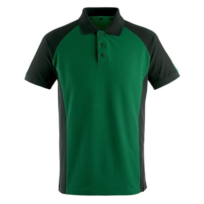 Mascot Bottrop poloshirt i grøn og sort, str. M, med ribkrave og stolpelukning, lavet af bomuld og polyester.