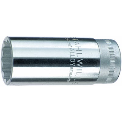 Nærbillede af Stahlwille 3/8" 12-kantet topnøgle i 19mm længde, med synlig lasergravering af mærke og specifikationer.