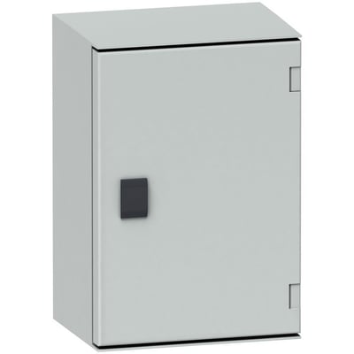 Lukket Schneider Electric vægskab PLM32 i RAL7035 polyester med sort håndtag og synlige hængsler, 310x215x160 mm.