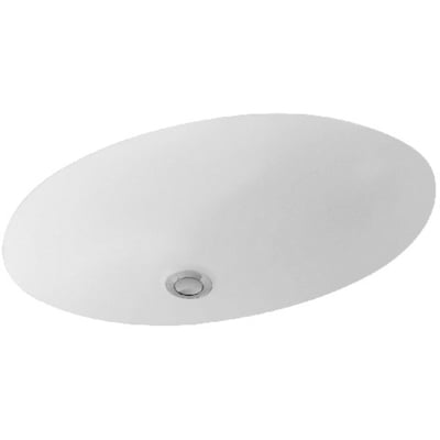 Hvid oval underlimningsvask fra Villeroy & Boch, model Evana 6144, set ovenfra med afløbet synligt.