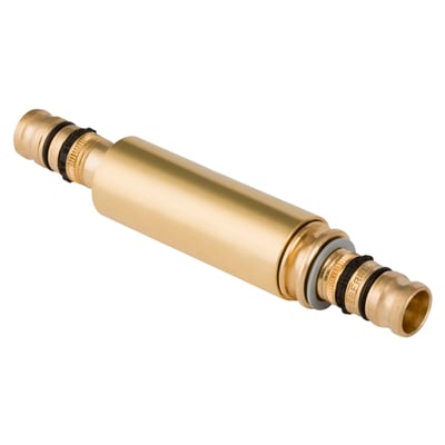 Geberit Mepla reparationskobling i messing med en diameter på 40 mm, vist på hvid baggrund.