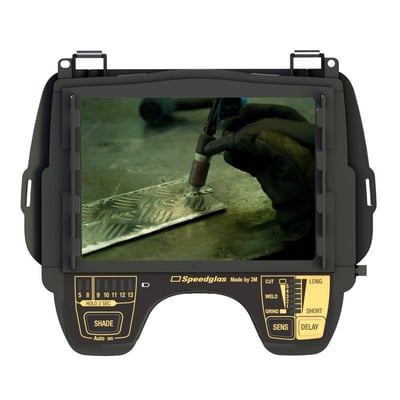 3M Speedglas 9100XXi automatisk nedblændende svejsekassette med betjeningsknapper og svejsning synlig i synsfeltet.