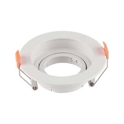 V-Tac Pro GU10 lampe "Run" i hvid PC materiale, der viser beslagene til montering på hvid baggrund.