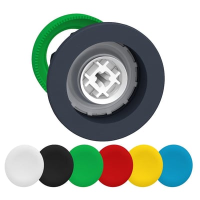 Schneider Electric Harmony XB5/ZB5 flush trykknaphoved med dele af en grøn bagring og seks farvede trykflader: hvid, sort, grøn, rød, gul og blå.