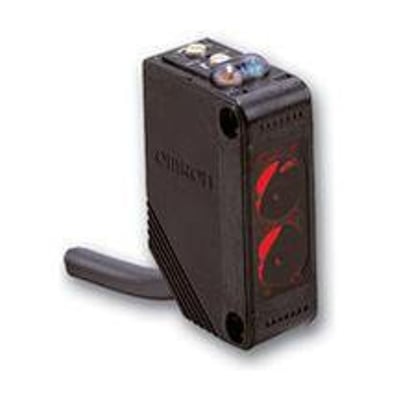 Omron lysbom med reflektor, sidevisning af den sorte sensor med synlig Omron logo og justeringsknapper.