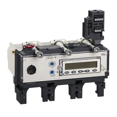 Schneider Electric Micrologic 6.3E relæ til 250/630A, viser digital display, kontrolknapper og tilslutningsklemmer.