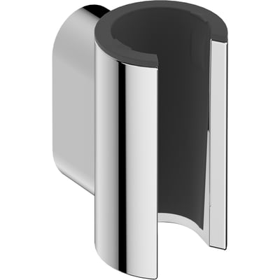 Hansgrohe vægholder til håndbruser i blank krom metal med en mørkegrå indsats, viser en cylinderformet holder.