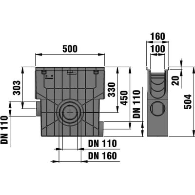 Teknisk tegning af NID sandfang 160 x 500 mm med detaljerede mål og specifikationer for rørdimensioner og dybder.